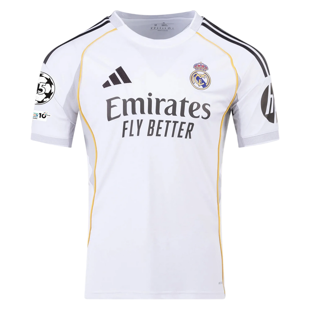 Maglia Home adidas Kylian Mbappé Real Madrid 2025/26 con patch di Champions League (Bianca)