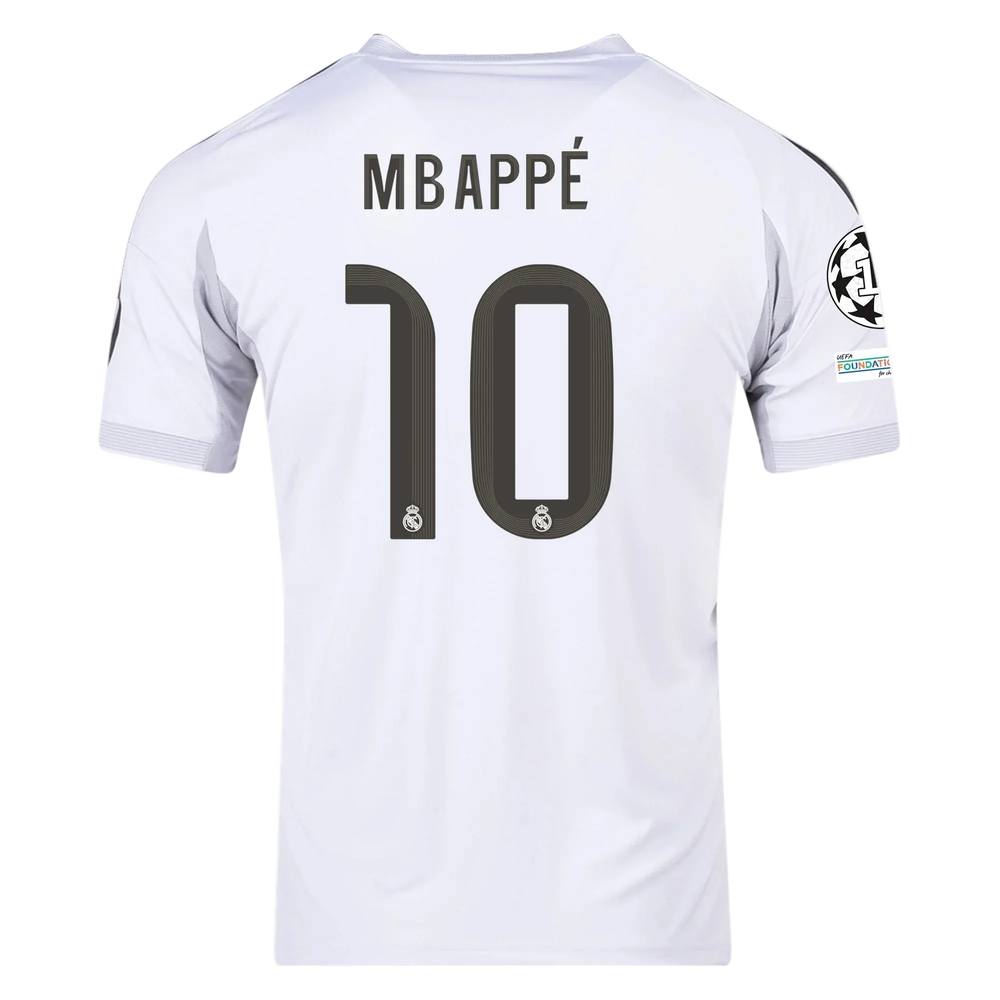 Maglia Home adidas Kylian Mbappé Real Madrid 2025/26 con patch di Champions League (Bianca)